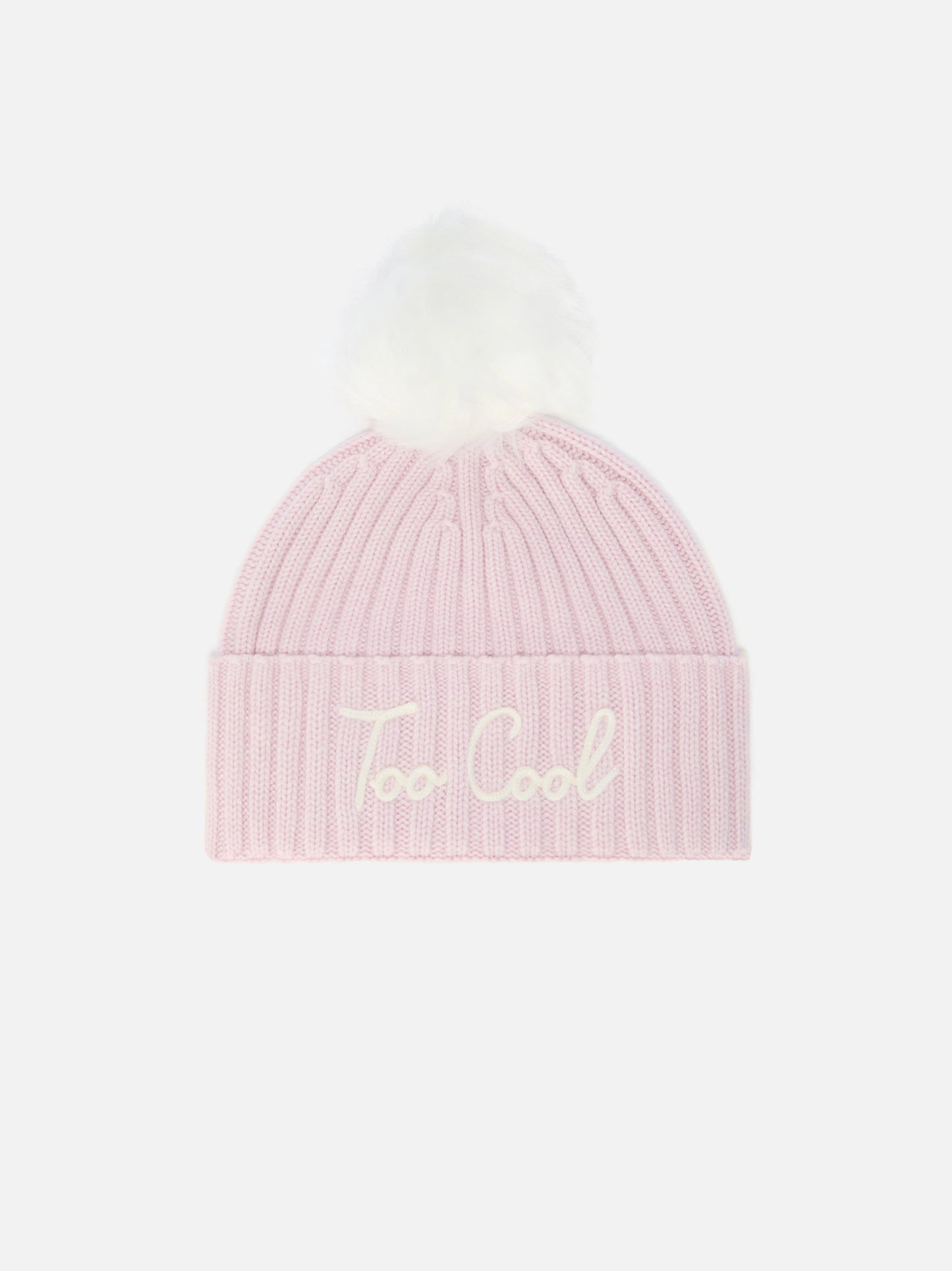 Wengen beanie in cashmere blend with pink “Too Cool” embroidery and pom-pom