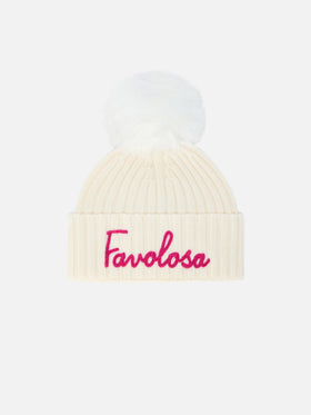 Wengen Jr F beanie in cashmere blend in white with Favolosa embroidery