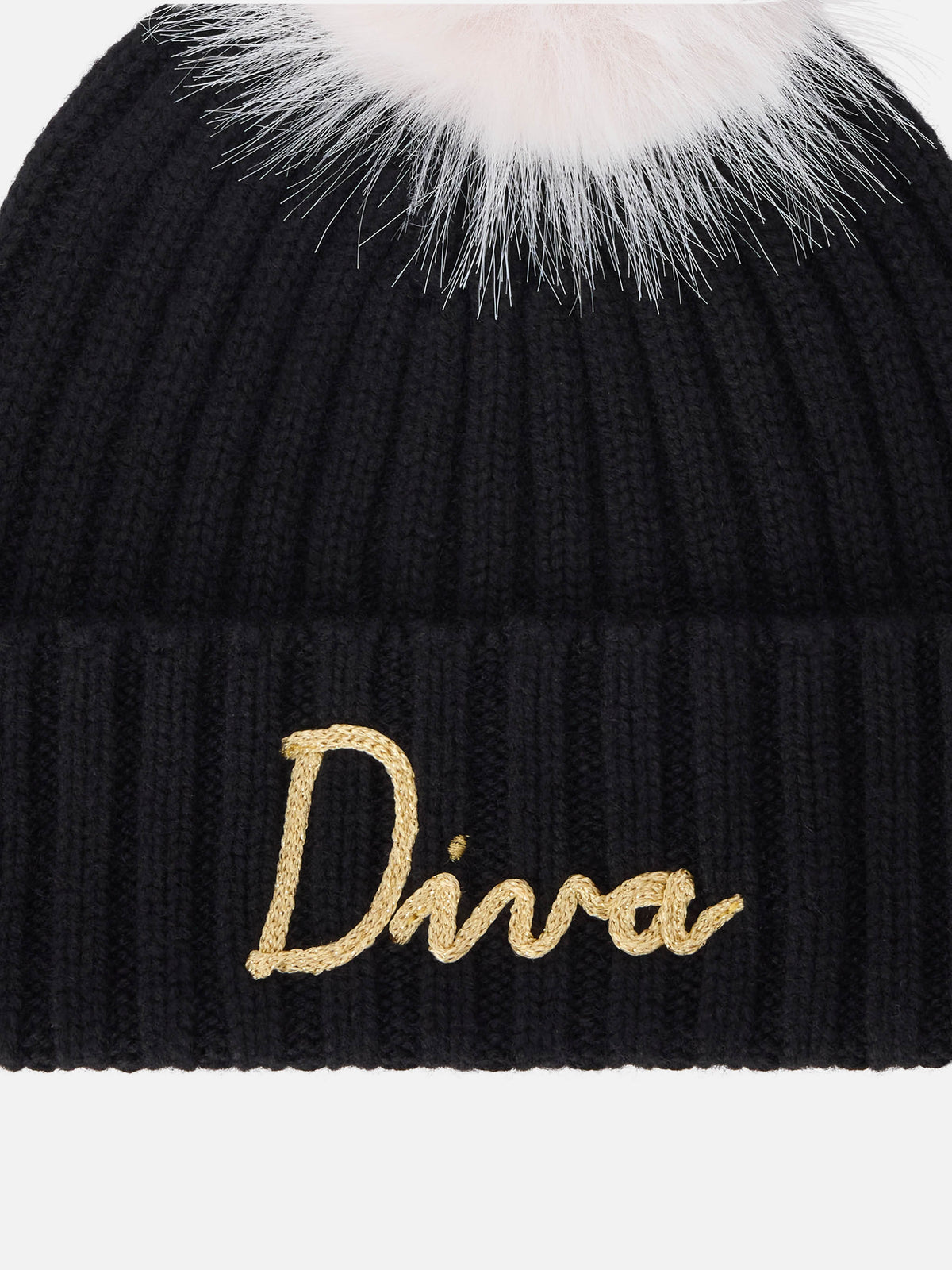Black Wengen beanie with pompom and Diva embroidery