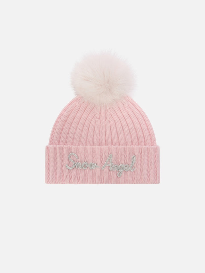 Bonnet Wengen rose avec pompon et broderie Snow Angel 