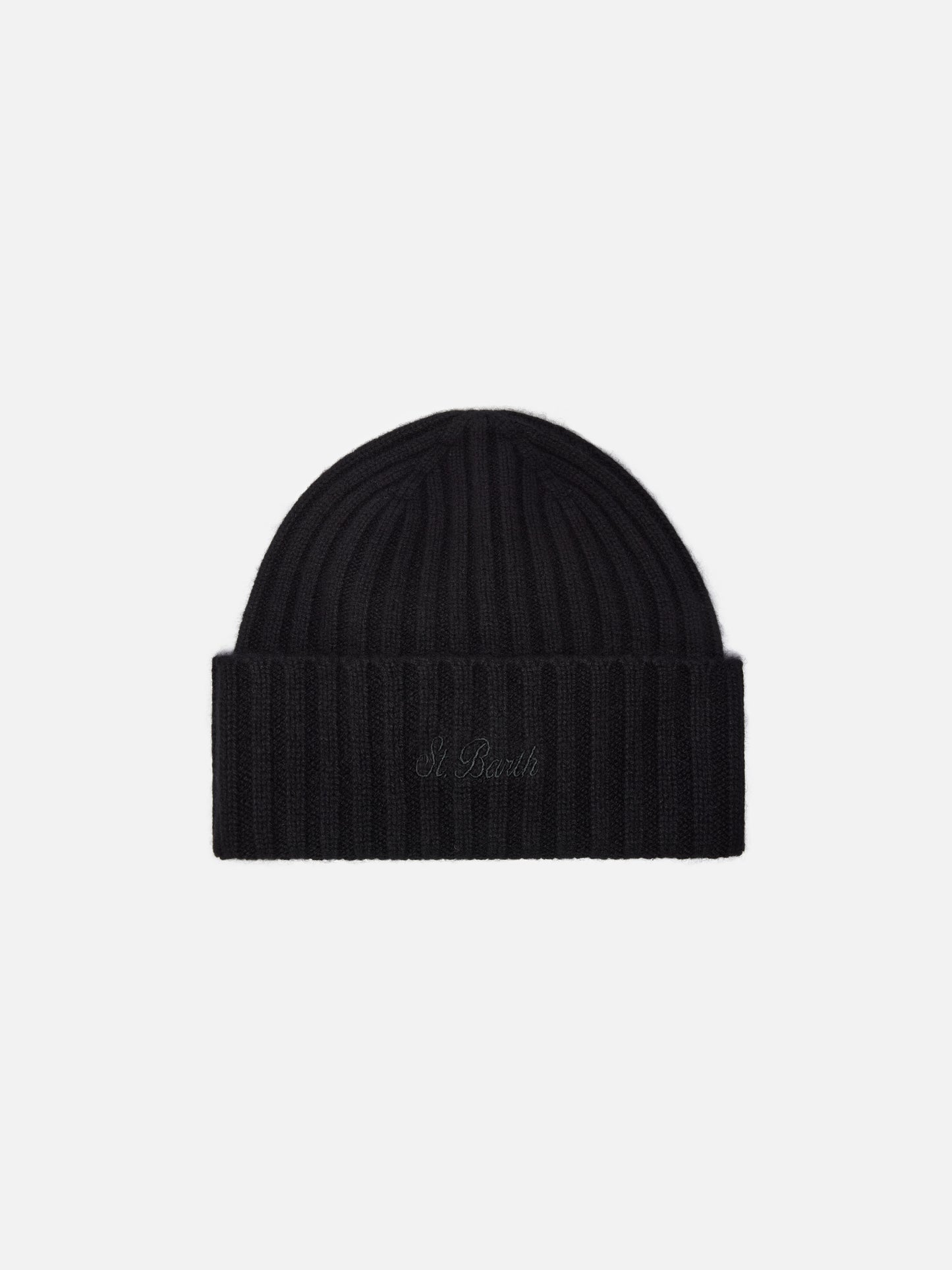 Wengen beanie in cashmere in black with St. Barth embroidery on the turn-up