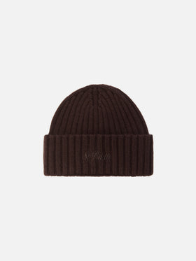 Dark brown Wengen wool beanie with logo embroidery