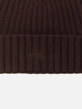 Dark brown Wengen wool beanie with logo embroidery