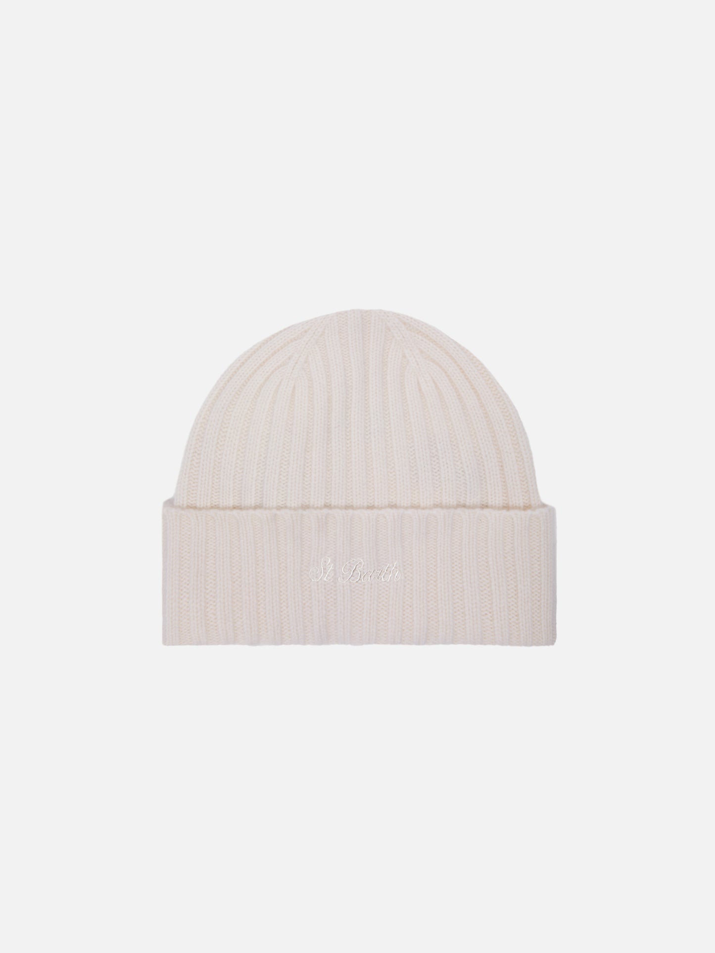 Wengen beanie in white cashmere with St. Barth embroidery on the turn-up