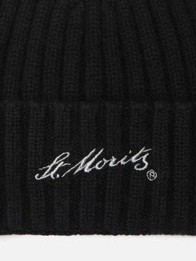 Wengen beanie in black cashmere with St. Moritz embroidery