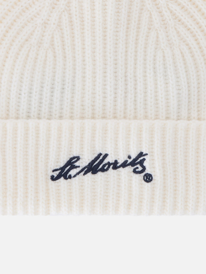 Berretto Wengen bianco panna in cashmere con ricamo St. Moritz | Special edition