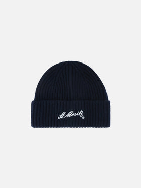 Gorro de cashmere Wengen Navy blue con bordado St. Moritz | Special edition 