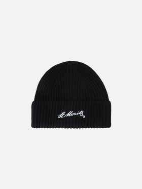 Black Wengen cashmere beanie with St. Moritz embroidery | Special edition