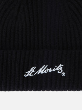 Black Wengen cashmere beanie with St. Moritz embroidery | Special edition