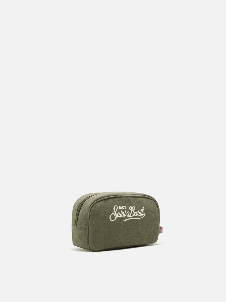 Green Westwood linen beauty bag with embroidered logo