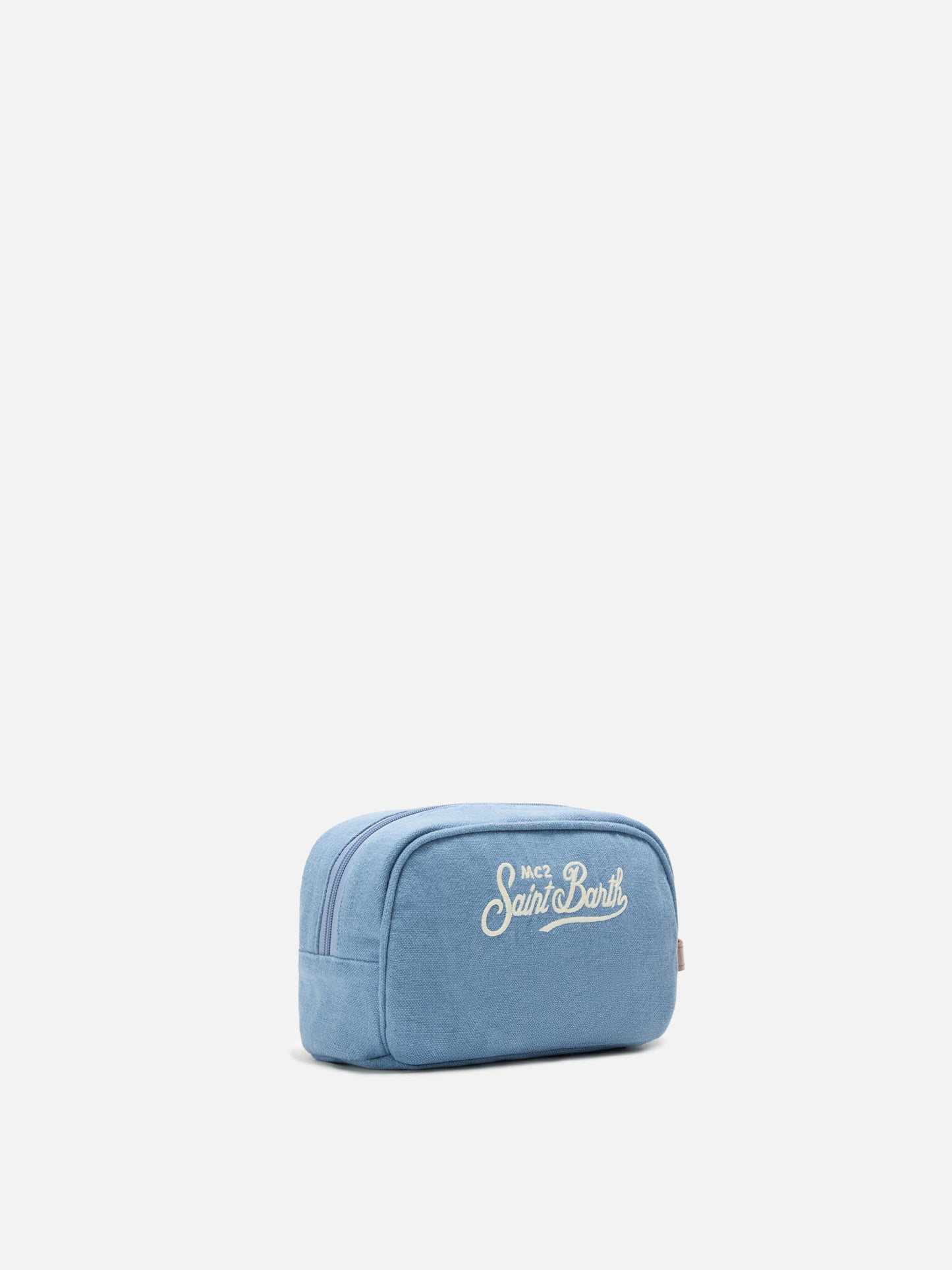 Blue Westwood linen beauty bag with embroidered logo