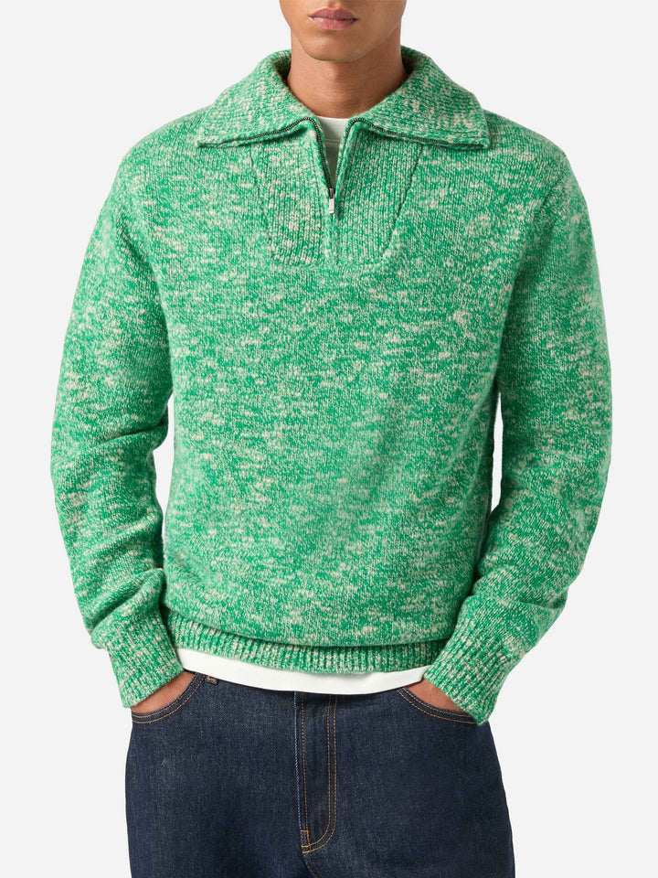 Pull en laine Green Wesley à demi-zip avec maille moulinée 