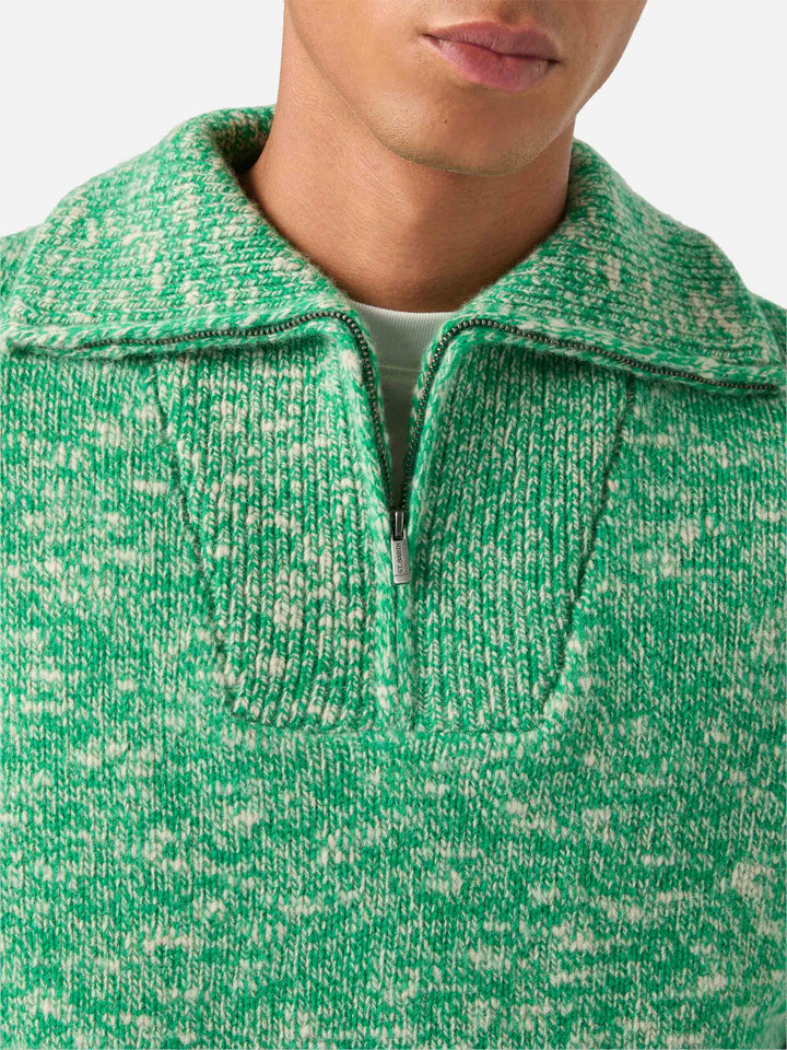Pull en laine Green Wesley à demi-zip avec maille moulinée 
