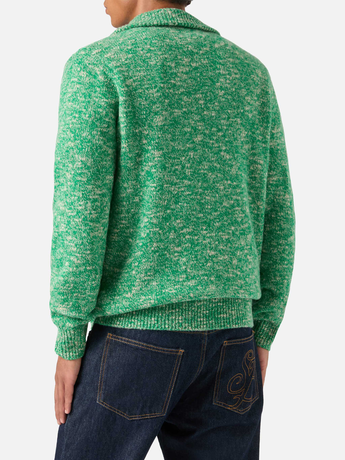 Pull en laine Green Wesley à demi-zip avec maille moulinée 