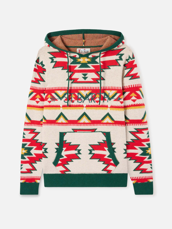 Beige Wood P Brushed hooded knit with ethnic pattern