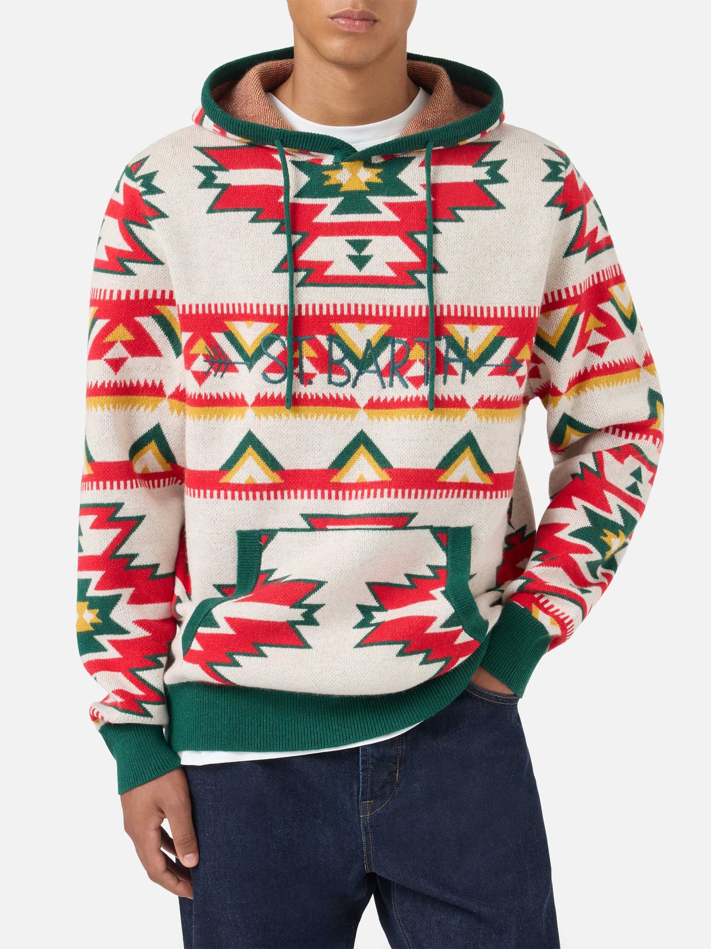 Tricot à capuche effet brossé avec motif ethnique 
