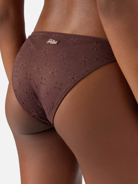 Yali classic bikini bottoms in brown sangallo fabric with daisy embroidery