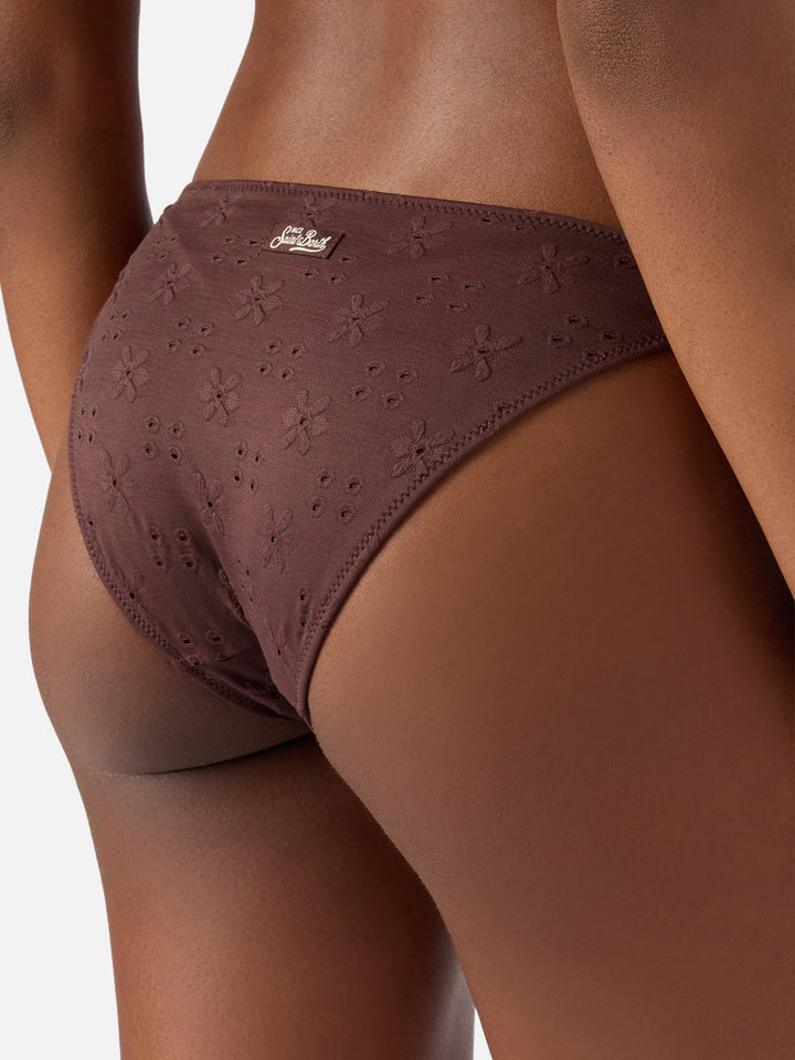 Yali classic bikini bottoms in brown sangallo fabric with daisy embroidery
