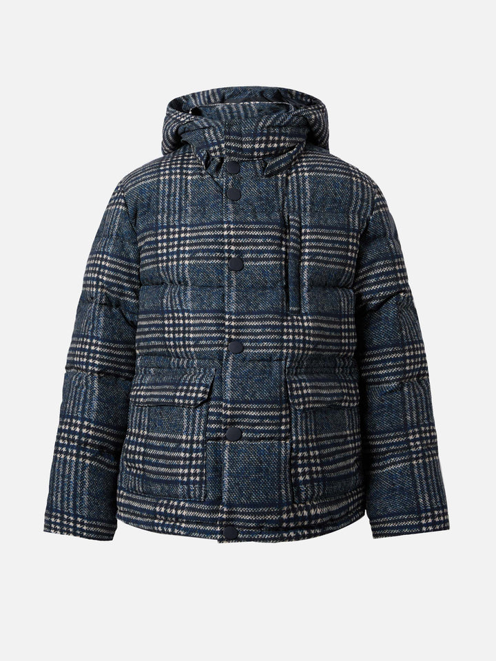 Hooded down padded jacket Baxter with Prince of Wales print