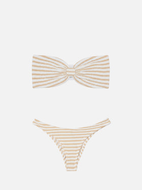 Bikini bandeau Yulia Elise en tissu crinkle avec slip de bain regular et imprimé rayé 