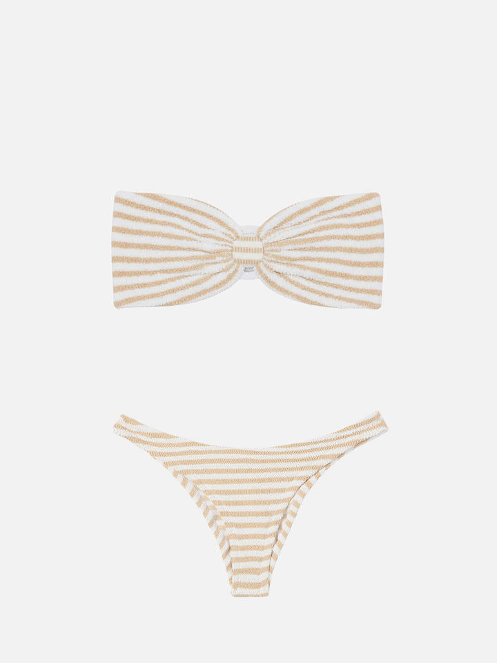 Bikini bandeau Yulia Elise en tissu crinkle avec slip de bain regular et imprimé rayé 