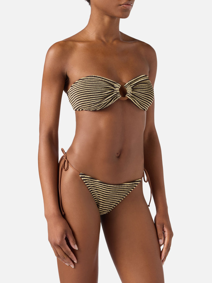 Yulia Marielle brown and beige striped crinkle bikini