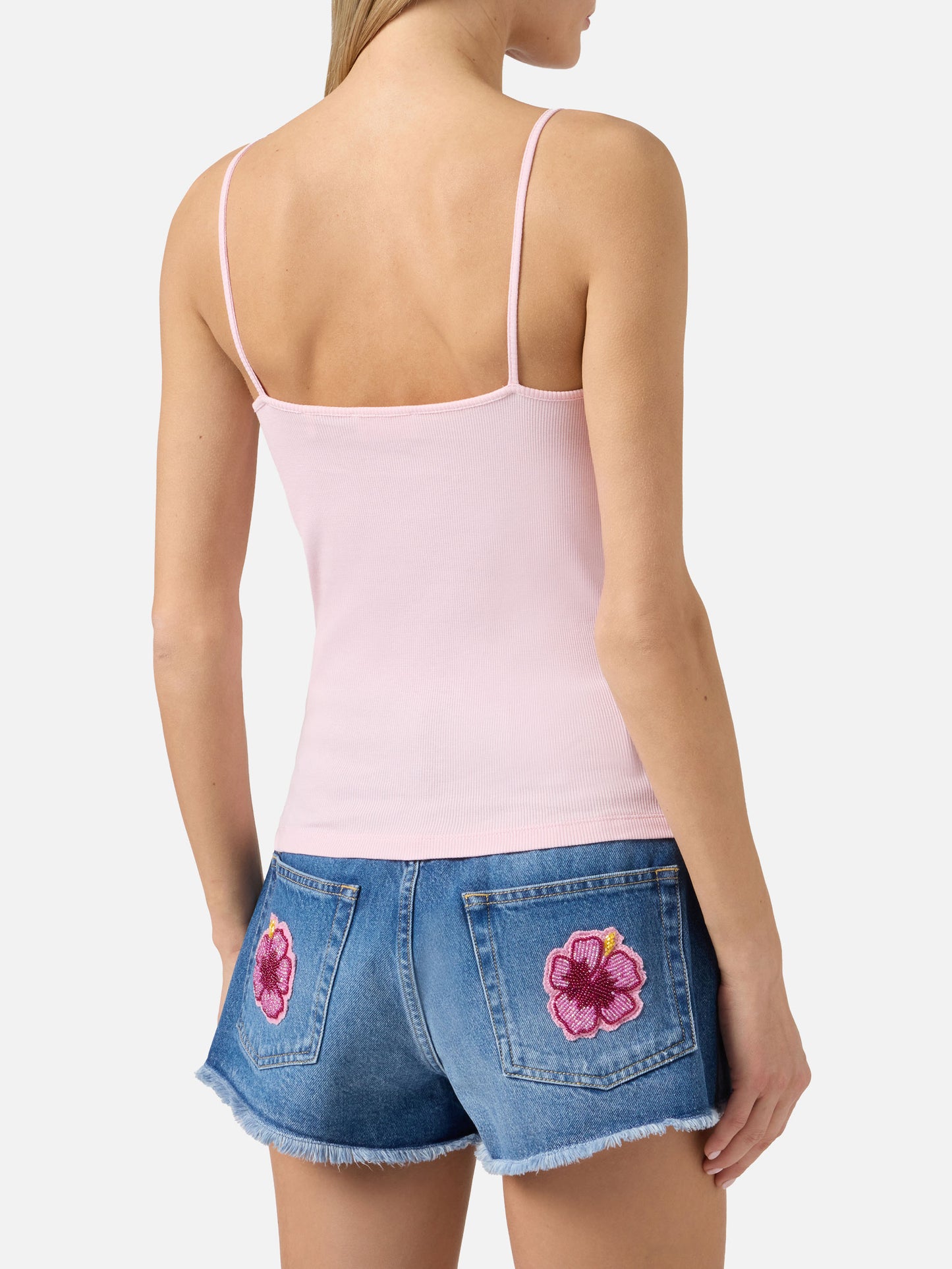 Canottiera Zaira rosa con logo ricamato e patch con perline