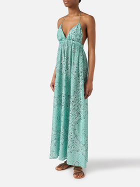 Long Zucky dress in silk with aqua green bandana print