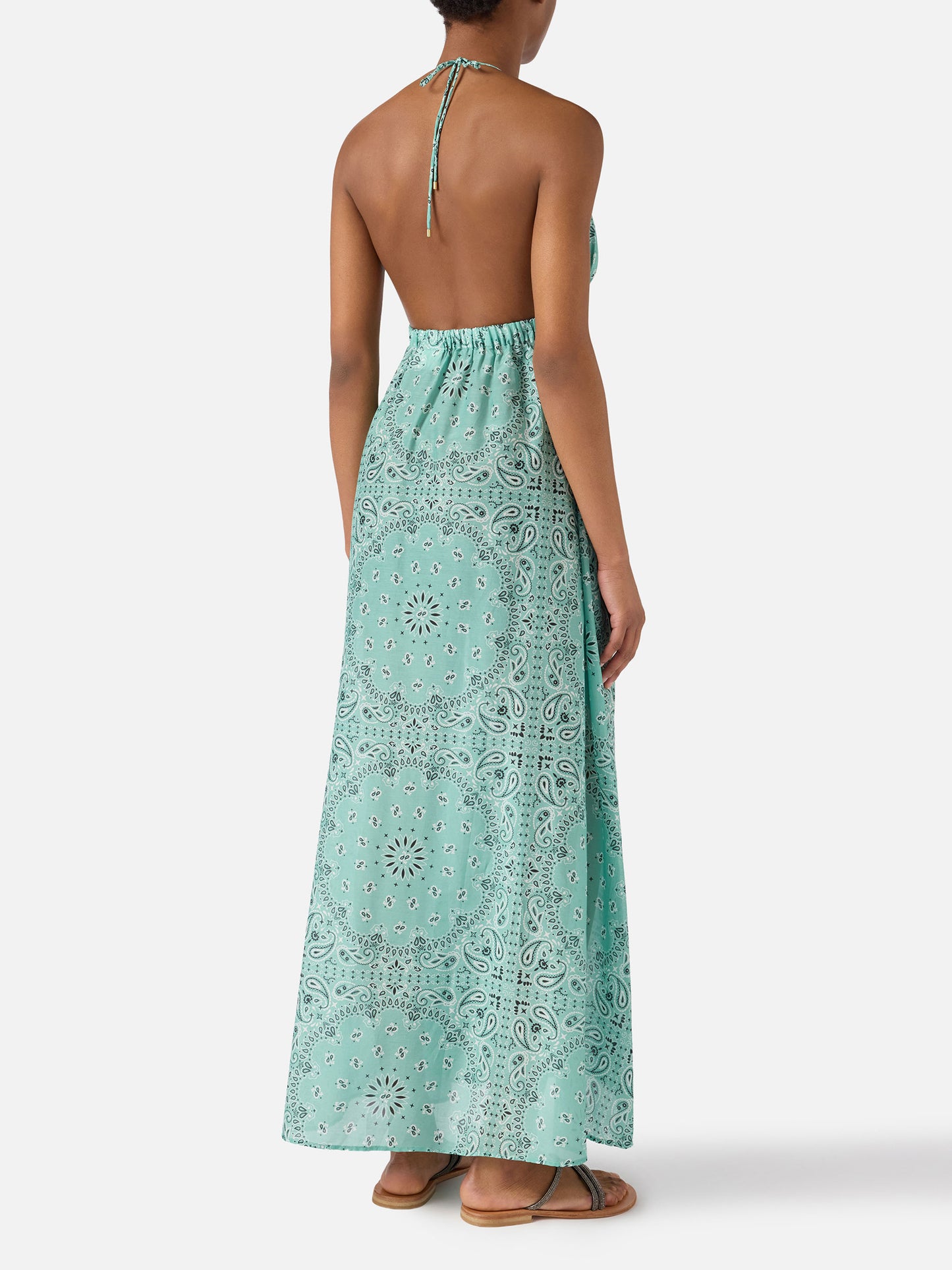 Long Zucky dress in silk with aqua green bandana print