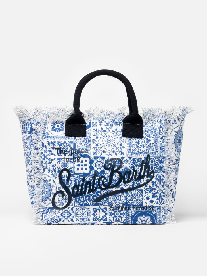 Borsa tote Vanity in tela di cotone con patch maioliche