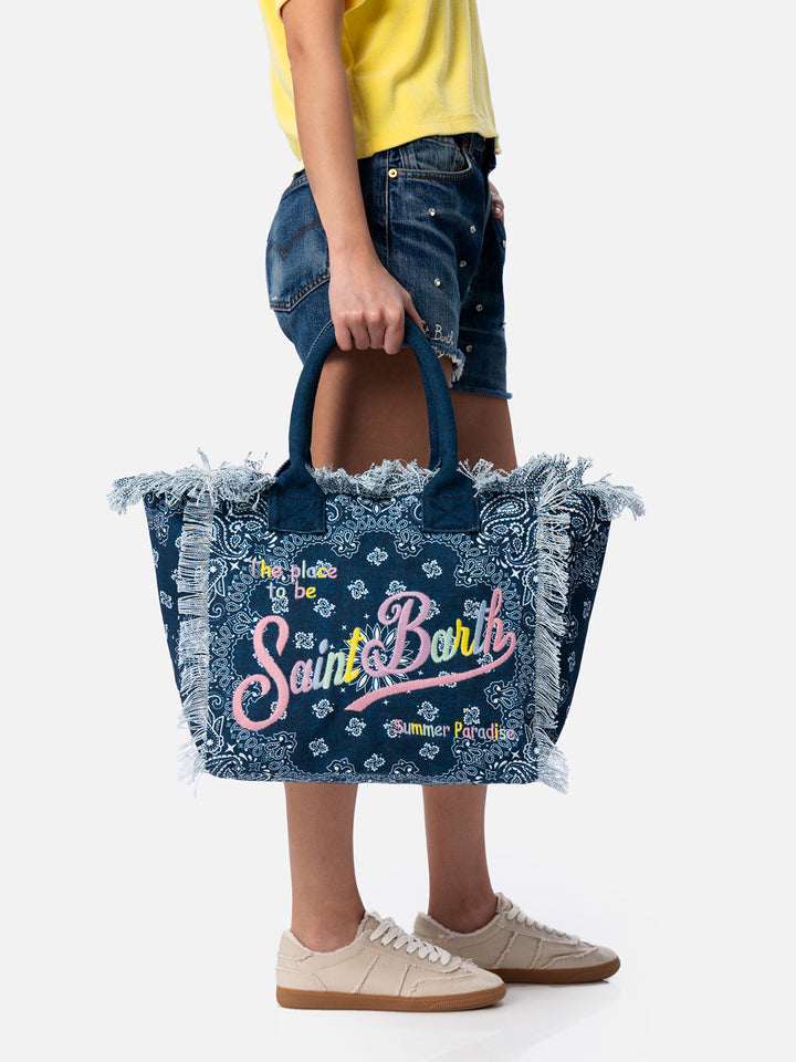 Denim blue cotton canvas Vanity tote bag with badanna print - MC2 Saint Barth