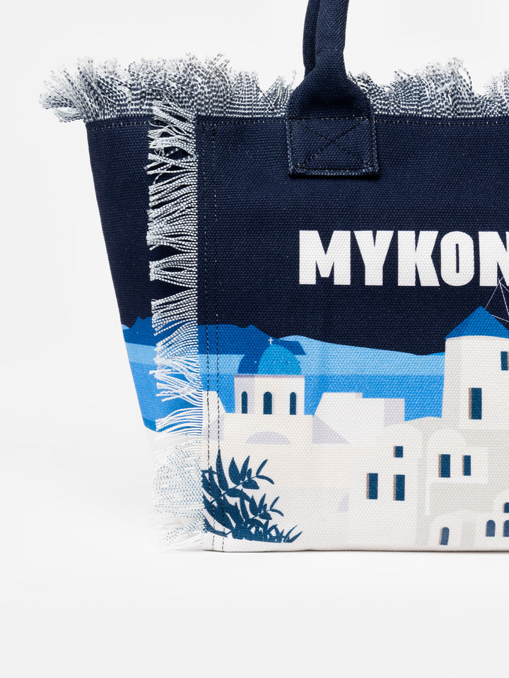 Borsa tote Vanity in tela di cotone cartolina di Mykonos