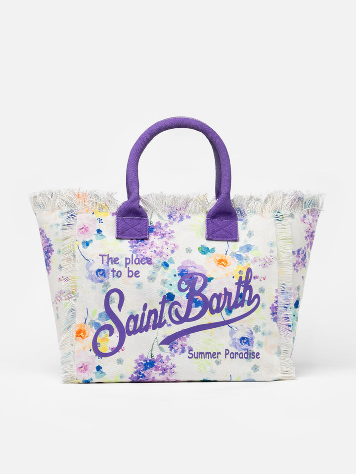 Borsa tote Vanity in tela di cotone con fiori color acqua