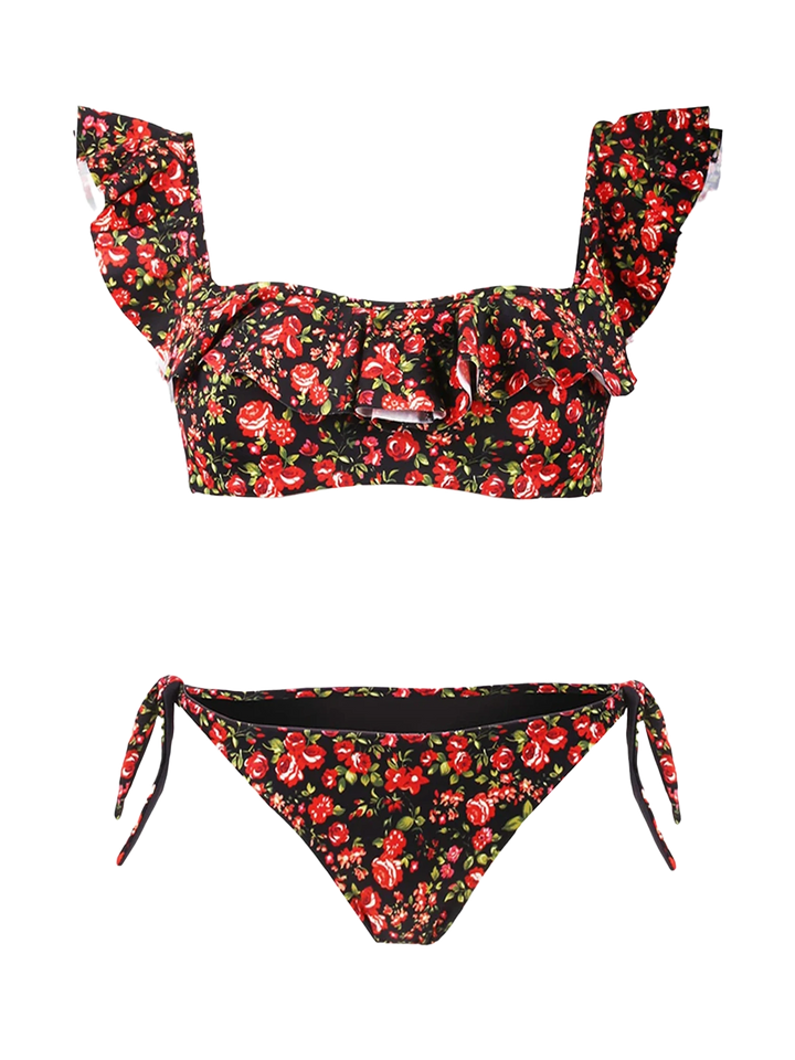 Bikini a fascia con volant stampa fiori