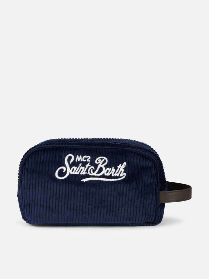 Beauty case in velluto a coste blu