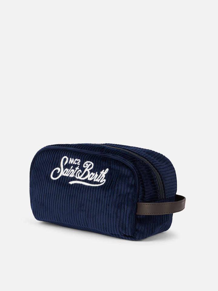 Beauty case in velluto a coste blu