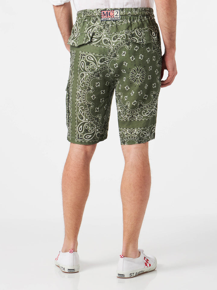 Man linen bermuda shorts with military green bandanna print - MC2 Saint Barth