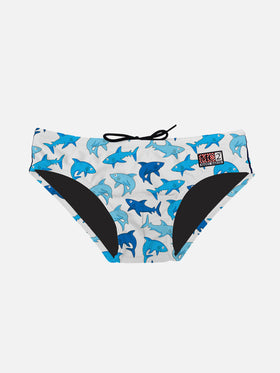 Boy swim briefs with light blue sharks print - MC2 Saint Barth