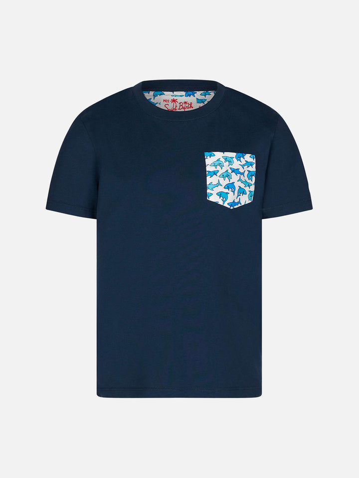 Boy cotton t-shirt with shark printed pocket - MC2 Saint Barth