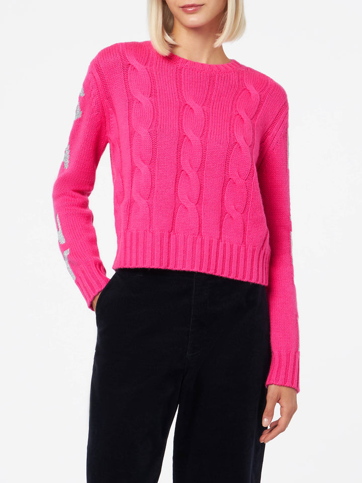 Woman crewneck braided sweater with Saint Barth lurex jacquard - MC2 Saint Barth
