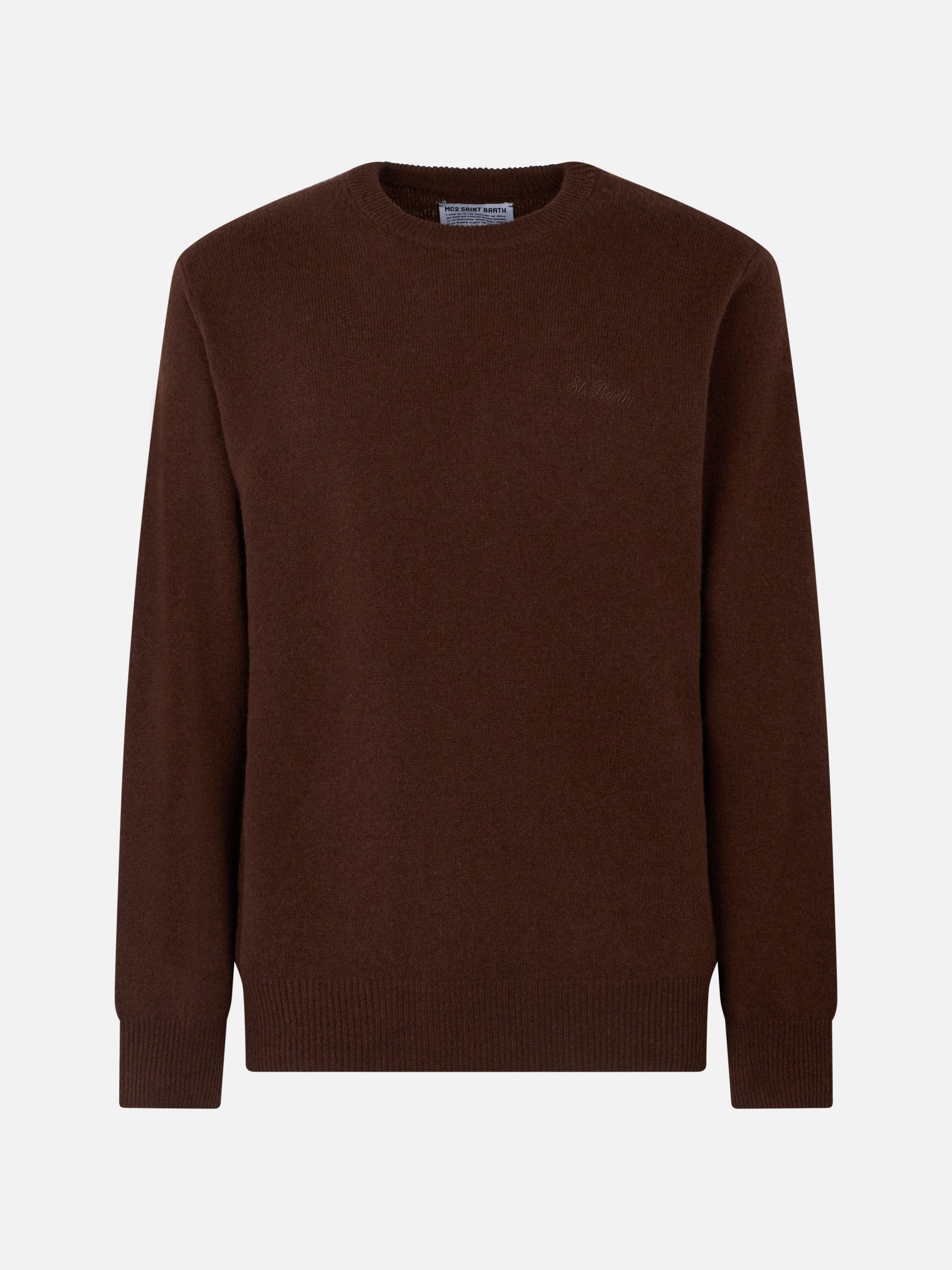 Man crewneck brown lambswool sweater with St. Barth embroidery - MC2 Saint Barth