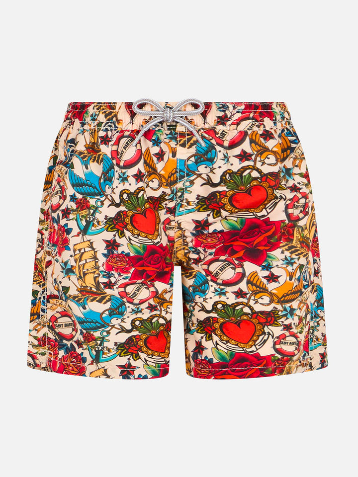 Boy mid-length Jean swim-shorts with striped print - MC2 Saint Barth