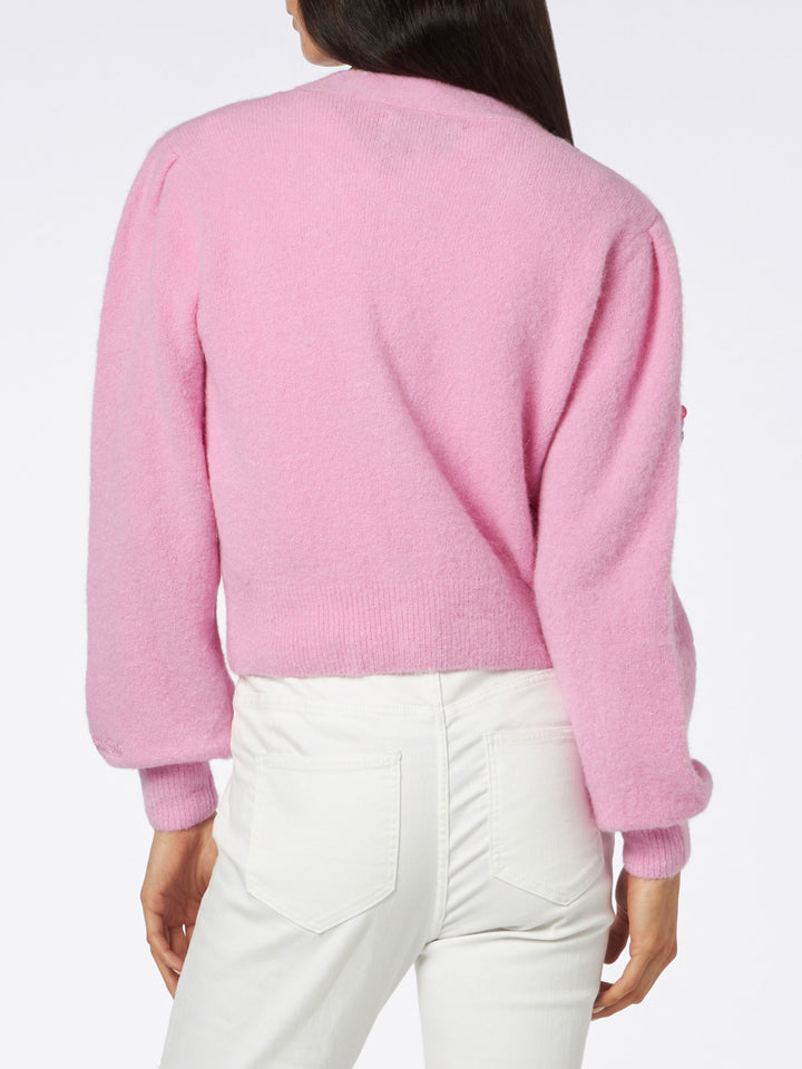 Gebürsteter, kurz geschnittener Damen-Cardigan mit Puffärmeln