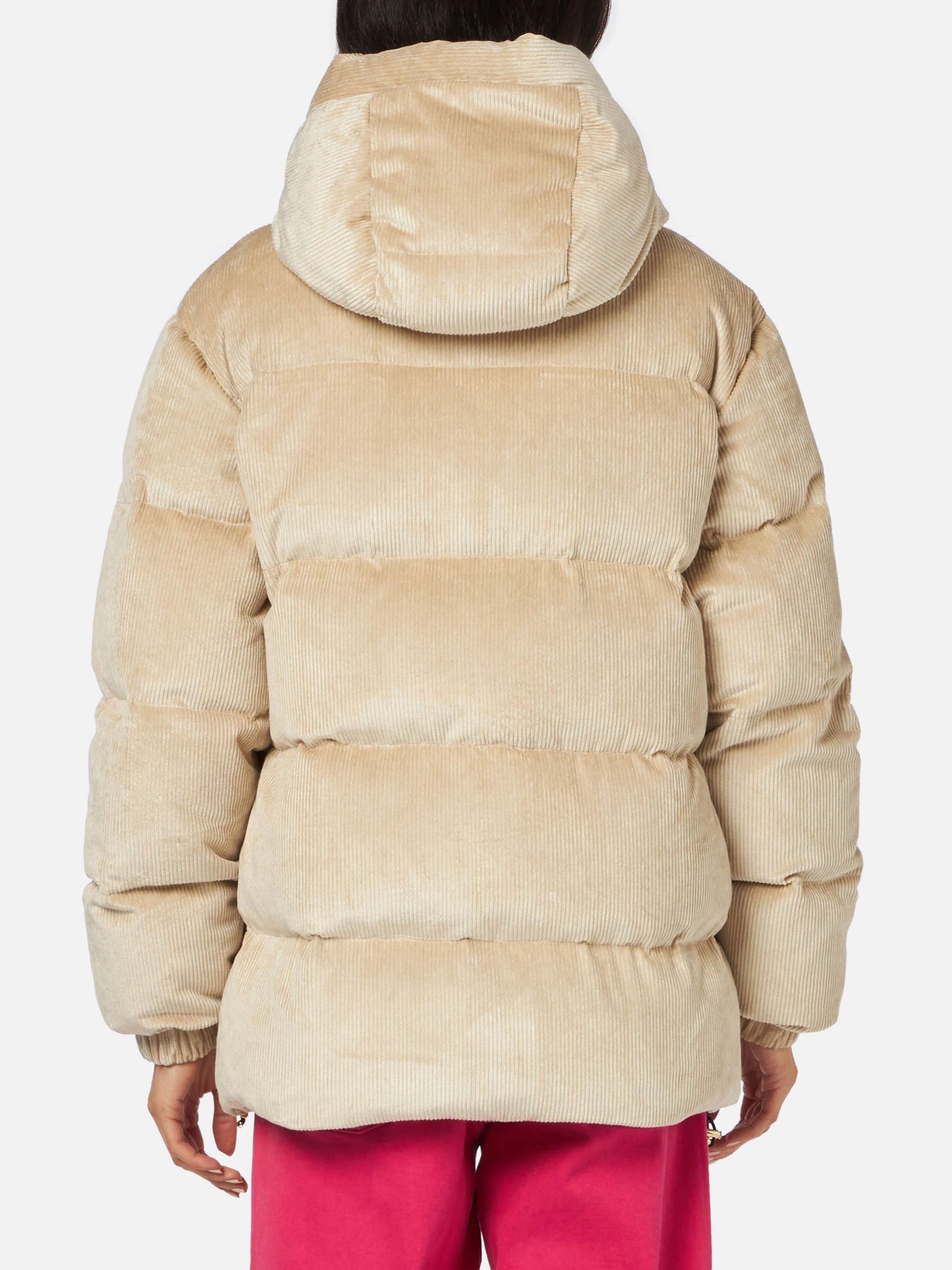 Piumino da donna imbottito in velluto a coste beige con cappuccio