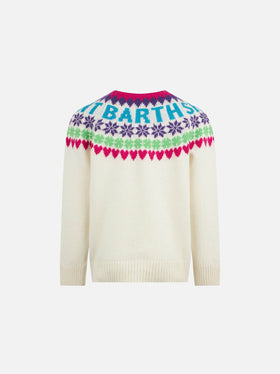 Girl crewneck white sweater with fair isle jacquard - MC2 Saint Barth
