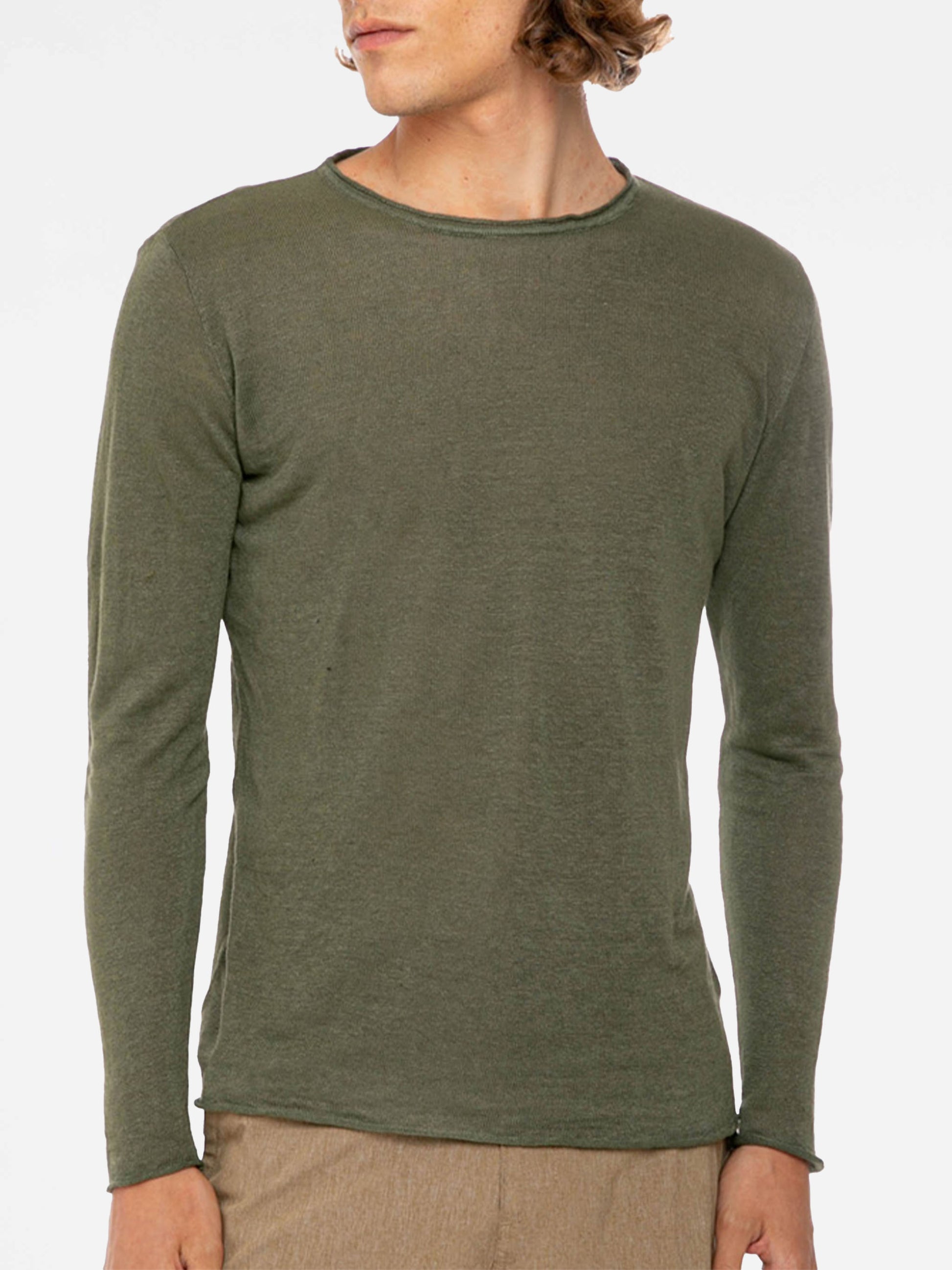 Military green Linen Man T-Shirt long sleeves - MC2 Saint Barth