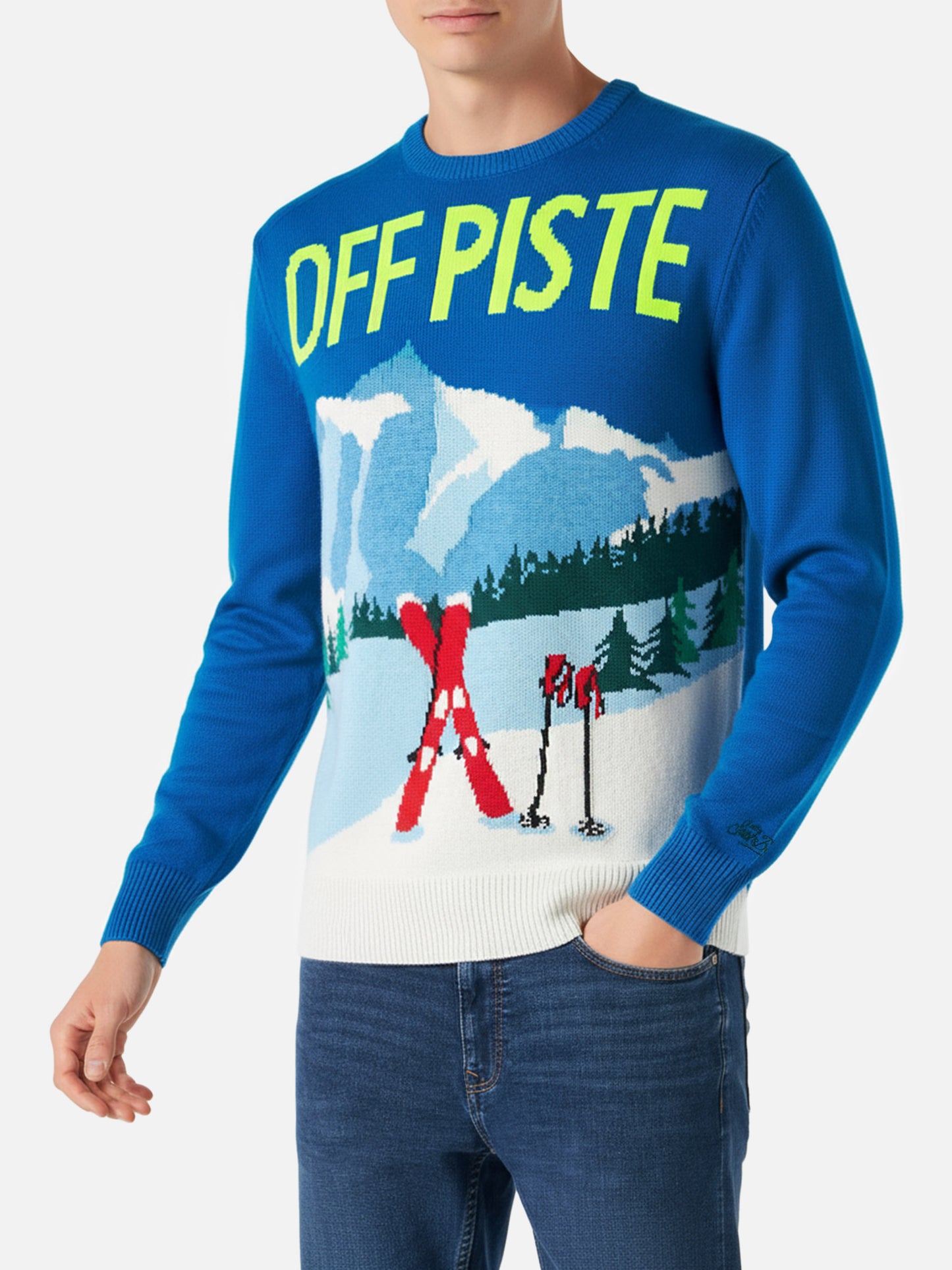Man sweater with mountains postcard