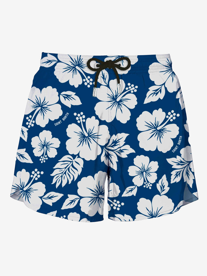 Blue Swim Short mid-lenght with white flower print - MC2 Saint Barth