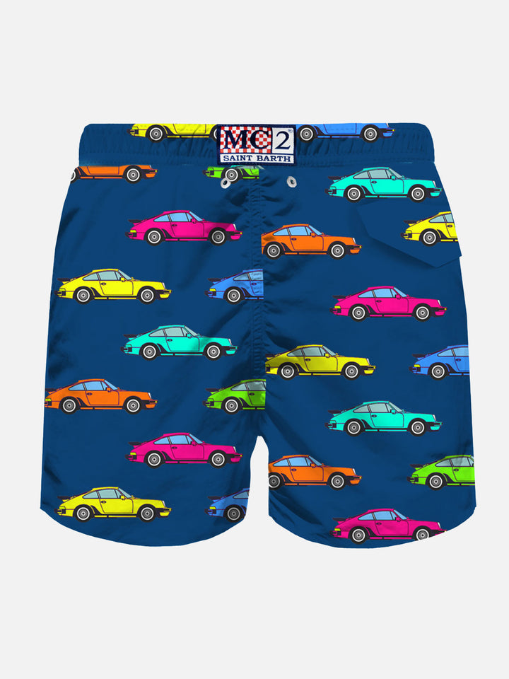 Herren-Badeshorts aus leichtem Stoff mit Autos-Aufdruck