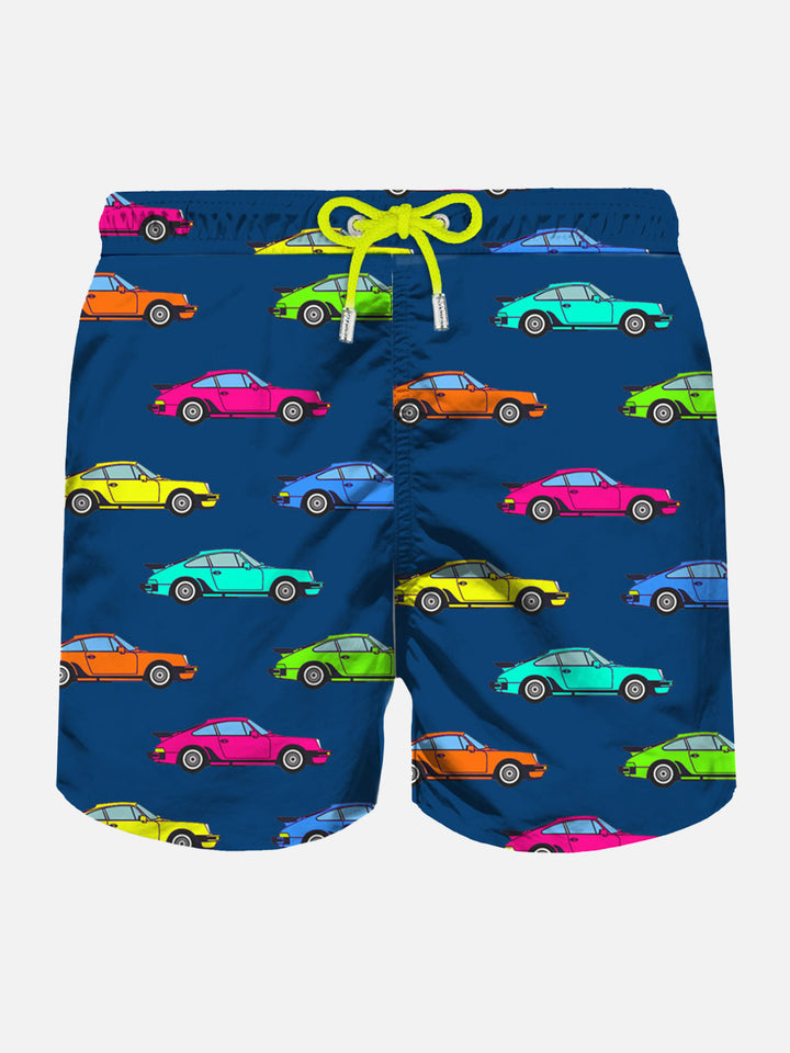 Herren-Badeshorts aus leichtem Stoff mit Autos-Aufdruck